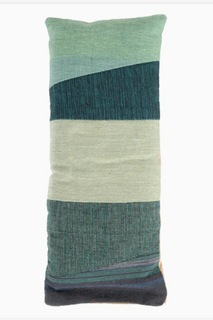 Rectangular pillow with striped pattern in green, blue, and beige on a white background