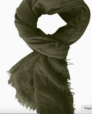 Green scarf with frayed edges on a white background