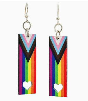 Rainbow striped dangle earrings with a heart cutout on a white background
