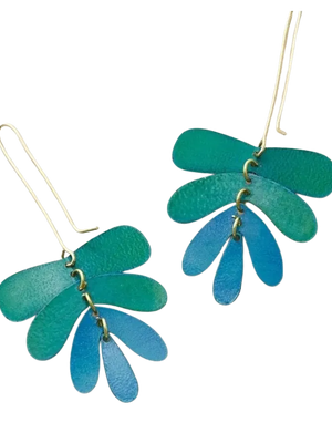 Pair of blue and green leaf-shaped dangle earrings on a white background