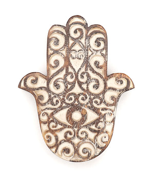 Decorative Hamsa hand with intricate patterns on a white background