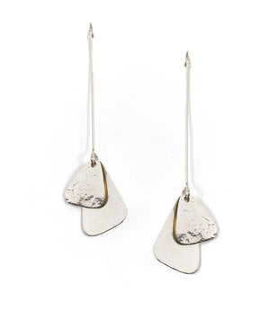 Pair of silver dangle earrings on a white background