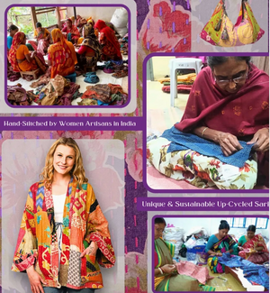 Collage of women artisans in India working with upcycled fabrics with a woman wearing a colorful kimono.