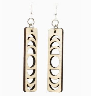 Wooden earrings with moon phase cut-out design on a white background