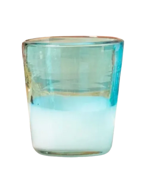 Clear glass with blue tint on a white background
