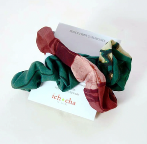Set of two colorful scrunchies on a white card with 'ichacha' branding.