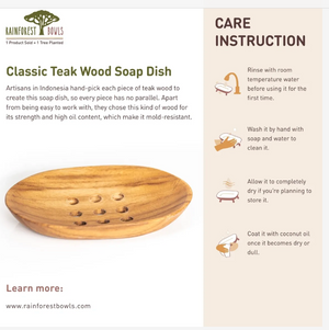 Wooden soap dish with care instructions and Rainforest Bowls branding.