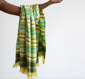 Striped green and yellow scarf held by a person on a white background