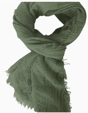 Green scarf with frayed edges on a white background