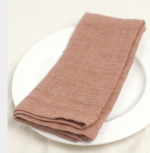 Folded pink napkin on a white plate with a white background