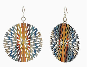 Pair of colorful earrings with a geometric design on a white background