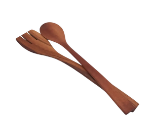 Set of wooden utensils including a fork, spoon, and ladle on a white background