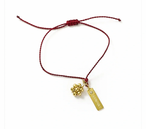 Bracelet with gold charm and red cord on a white background