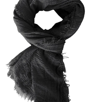 Black scarf with frayed edges on a white background