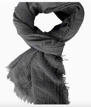 Gray scarf with frayed edges on a white background