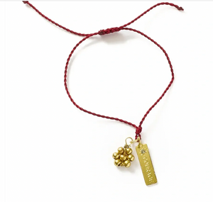 Bracelet with gold charm and tag on a red cord against a white background