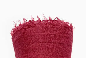 Close-up of a red textured fabric with frayed edges on a white background