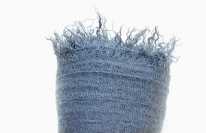 Textured blue fabric with frayed edges on a white background