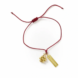 Bracelet with red cord and gold charm on a white background