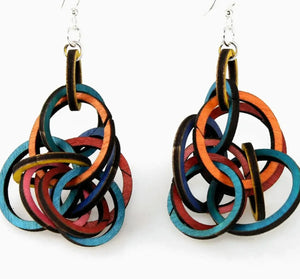 Colorful interlocking ring earrings on a white background