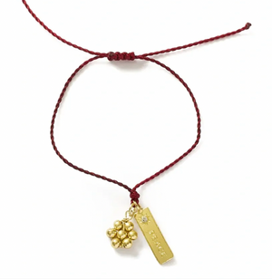 Bracelet with gold charm and red cord on a white background