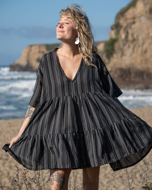 Two-Tier Kurta Cotton Babydoll Dress - Black
