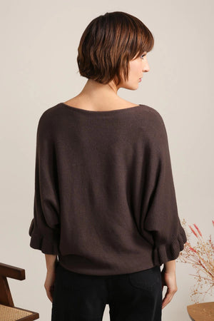 Person wearing a brown dolman sweater with a neutral background