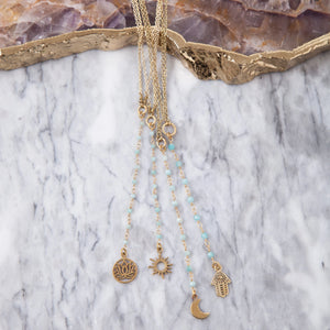 Amazonite Brass Lotus Pendant Charm Necklace