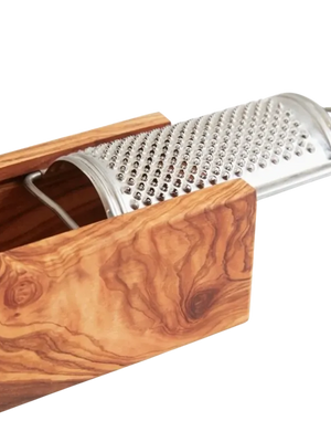 Wooden cheese grater with metal surface on a white background