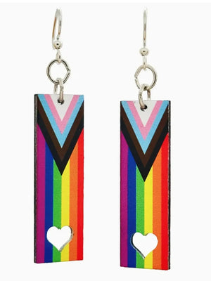 Rainbow striped dangle earrings with a heart cutout on a white background