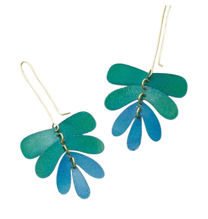 Pair of blue and green leaf-shaped dangle earrings on a white background