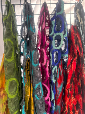 Handmade Wool and Chiffon Scarf —Maroon & Camel Circles