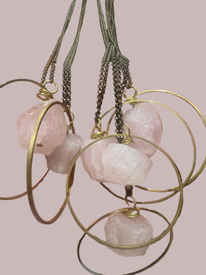 Rose Quarts rough Gems on long brass chain