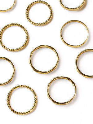 Gold rings with various designs on a white background