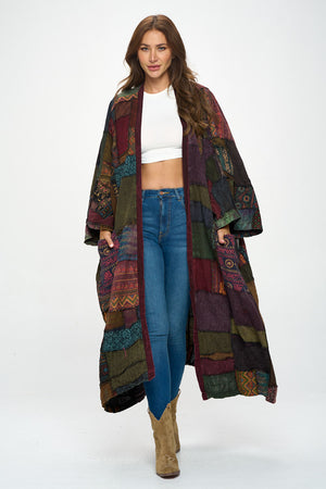 Long-Sleeve Patchwork Kimono Duster Coat