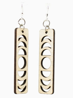 Wooden earrings with moon phase cut-out design on a white background