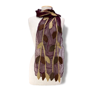 Maroon Chiffon-Dark Brown Leaves Hand-Felted Scarf