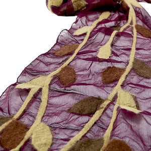 Maroon Chiffon-Dark Brown Leaves Hand-Felted Scarf