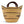 Woven tote basket with brown handles on a white background