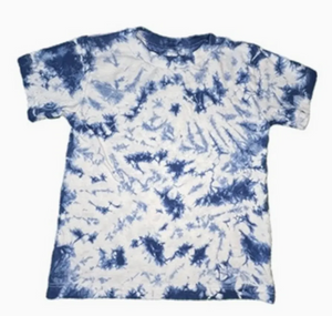 Blue and white tie-dye t-shirt on a white background