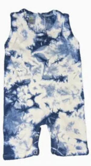 Tie-dye romper with blue and white pattern on a white background