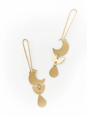 Gold earrings with a moon phase design on a white background