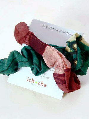 Set of two colorful scrunchies on a white card with 'ichacha' branding.