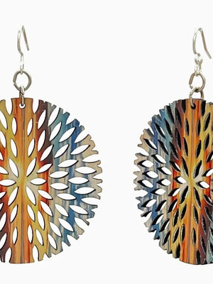 Pair of colorful earrings with a geometric design on a white background