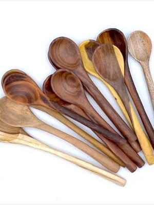 Set of wooden spoons in various shades on a white background