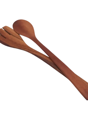 Set of wooden utensils including a fork, spoon, and ladle on a white background