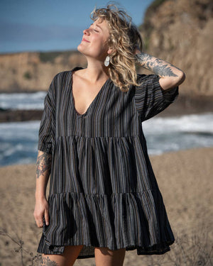 Two-Tier Kurta Cotton Babydoll Dress - Black