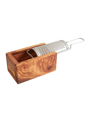 Wooden grater with metal blade on a white background