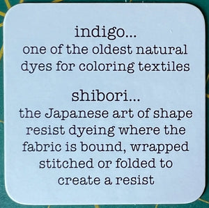 Text card with information about indigo dye and shibori technique on a blue background