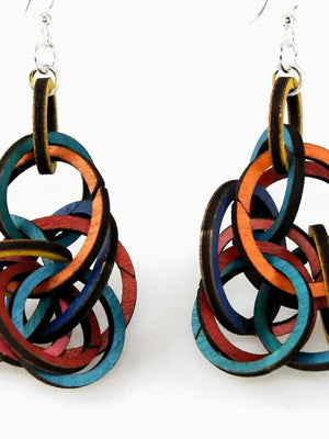 Colorful interlocking ring earrings on a white background